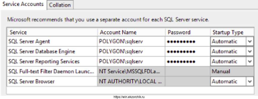 Предопределяю запуск сервисов SQL от имени определенной учетной записи