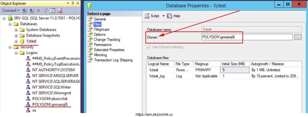 Обязательно владельцем базы выставляю POLYGON\gmsasql$