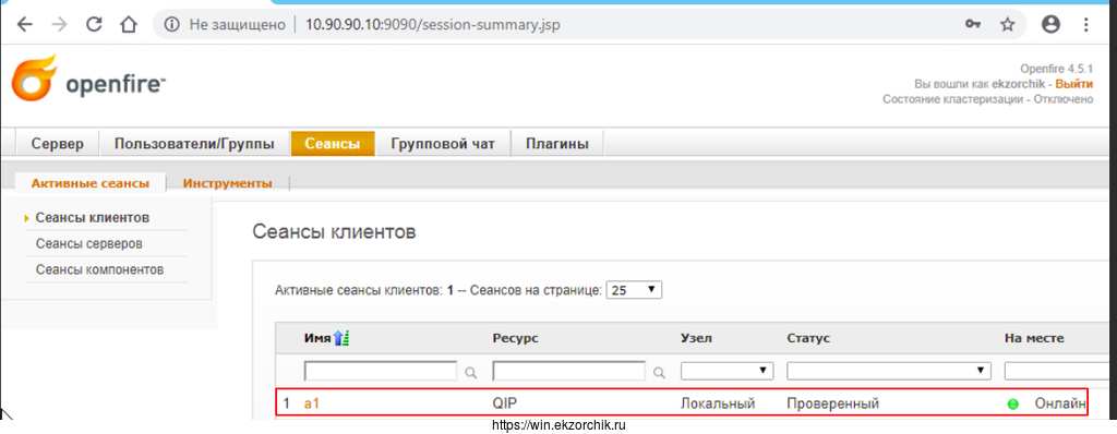 Подключенный сеанс отображается в консоли администрирования Openfire 4.5.1