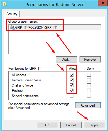 Предопределяю доменным группам права на Radmin Server