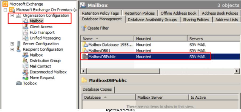 Теперь в Organization Configuration значатся, как почтовые базы так и база публичных папок