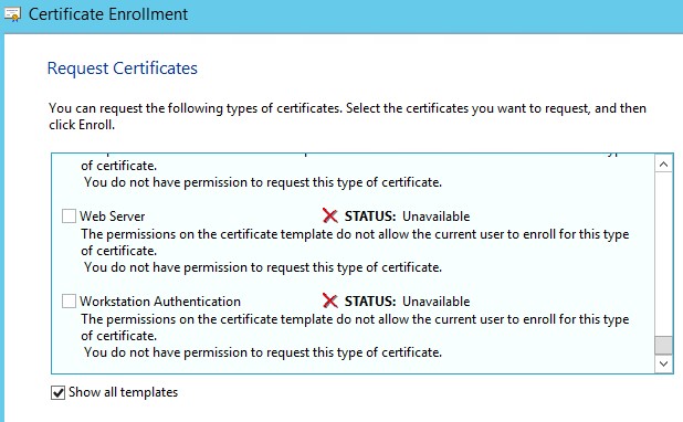При создании запроса на сертификат получаю ошибку нет прав на шаблон