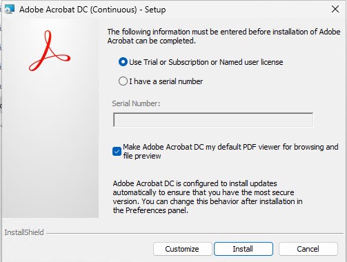 Установку Acrobat DC Pro произвожу как Trial.