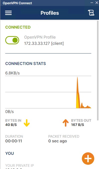 Нажав Connect по импортированному конфигу, соединение с OpenVPN сервером успешно устанавливается.