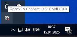 В трее возле часов навожу курсор мыши на OpenVPN Connect, т.к. подключение не установлено его статус DISCONNECTED