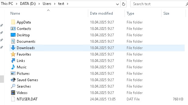 Пользовательские файлы по новому пути, т.е. D:\Users\test