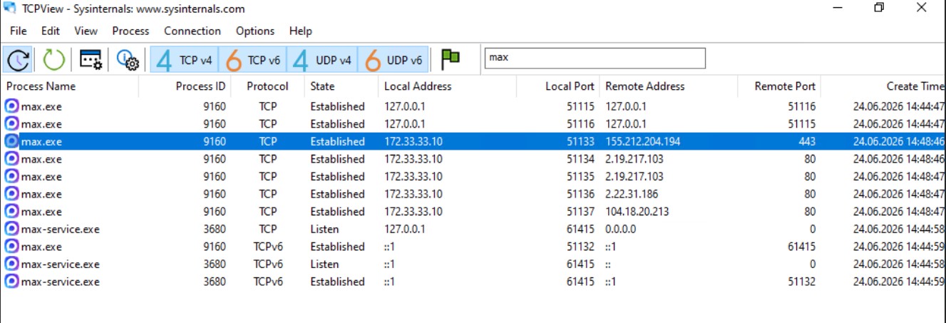 Через TCPView по фильтру max.exe собираем все IP адреса куда ломится программа.