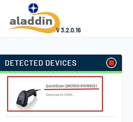 После программа Aladdin успешно опознало подключенное оборудование через COM4 - это QW2500